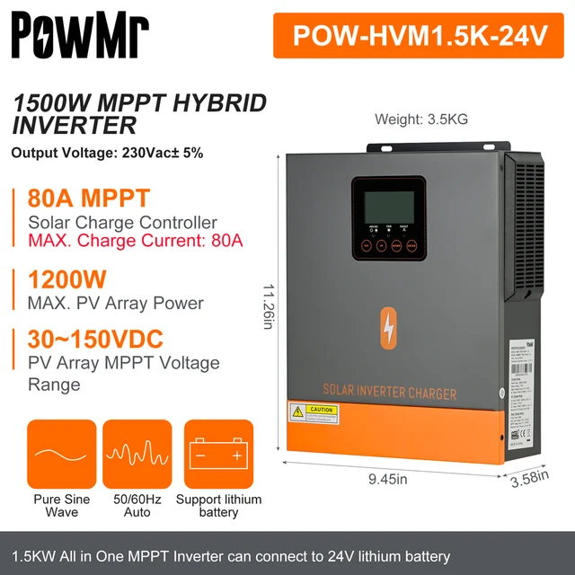 PowMr 1.5KW 1KW Solar Hybrid Inverter 12V 220V Pure Sine Wave With Charging MPPT 80A Solar Chage Controller Panel 150VDC Input 2