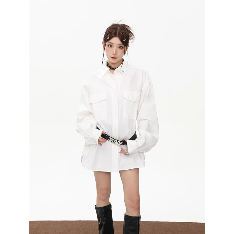 

Женская свободная рубашка в Корейском стиле, белая Повседневная блузка большого размера с карманами, осенний сезон