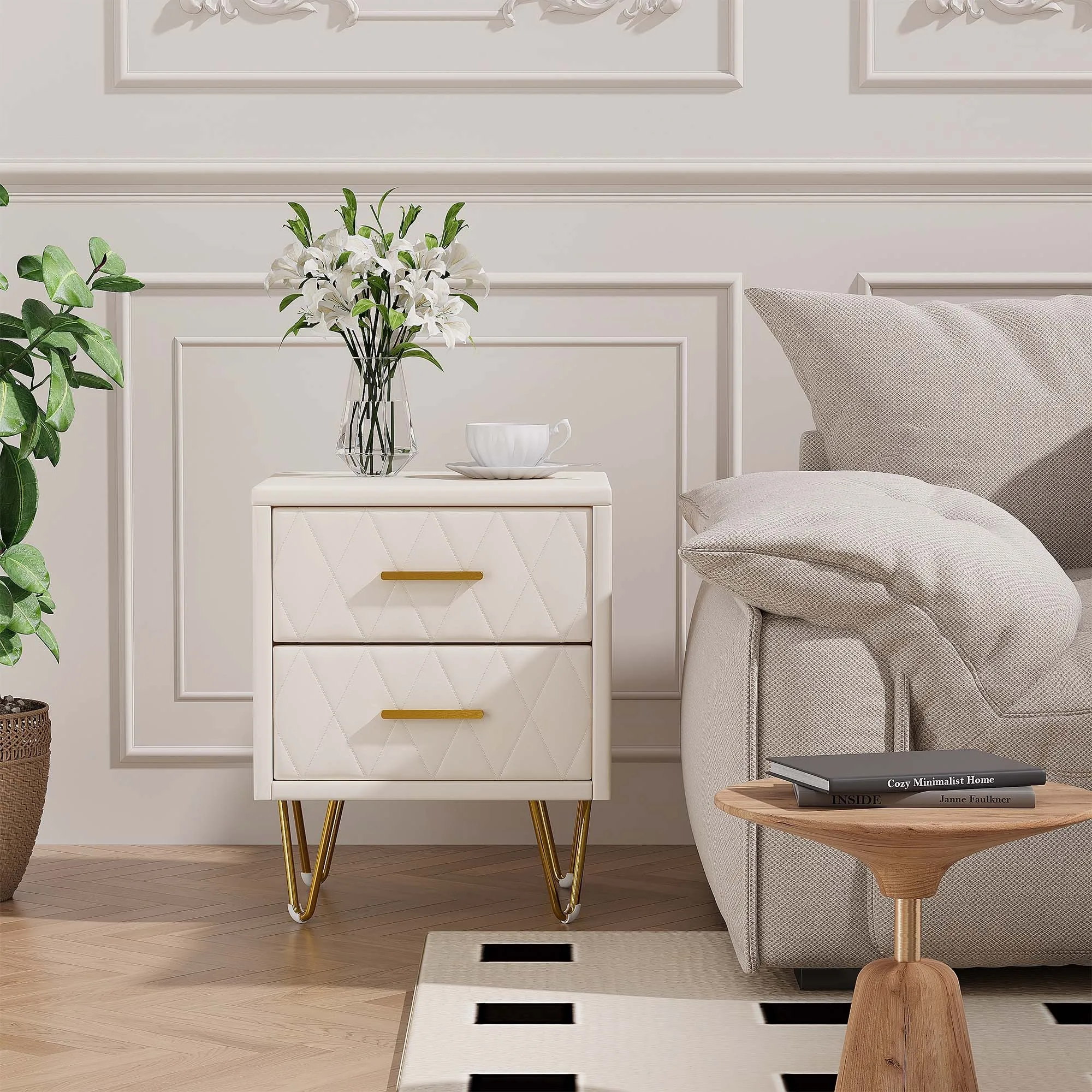 Rosahqnd Nachttisch mit 2 Schubladen, 2er-Set Sofatisch mit Metallfüßen, für Wohnzimmer, Schlafzimmer, Weiß – Detail 19