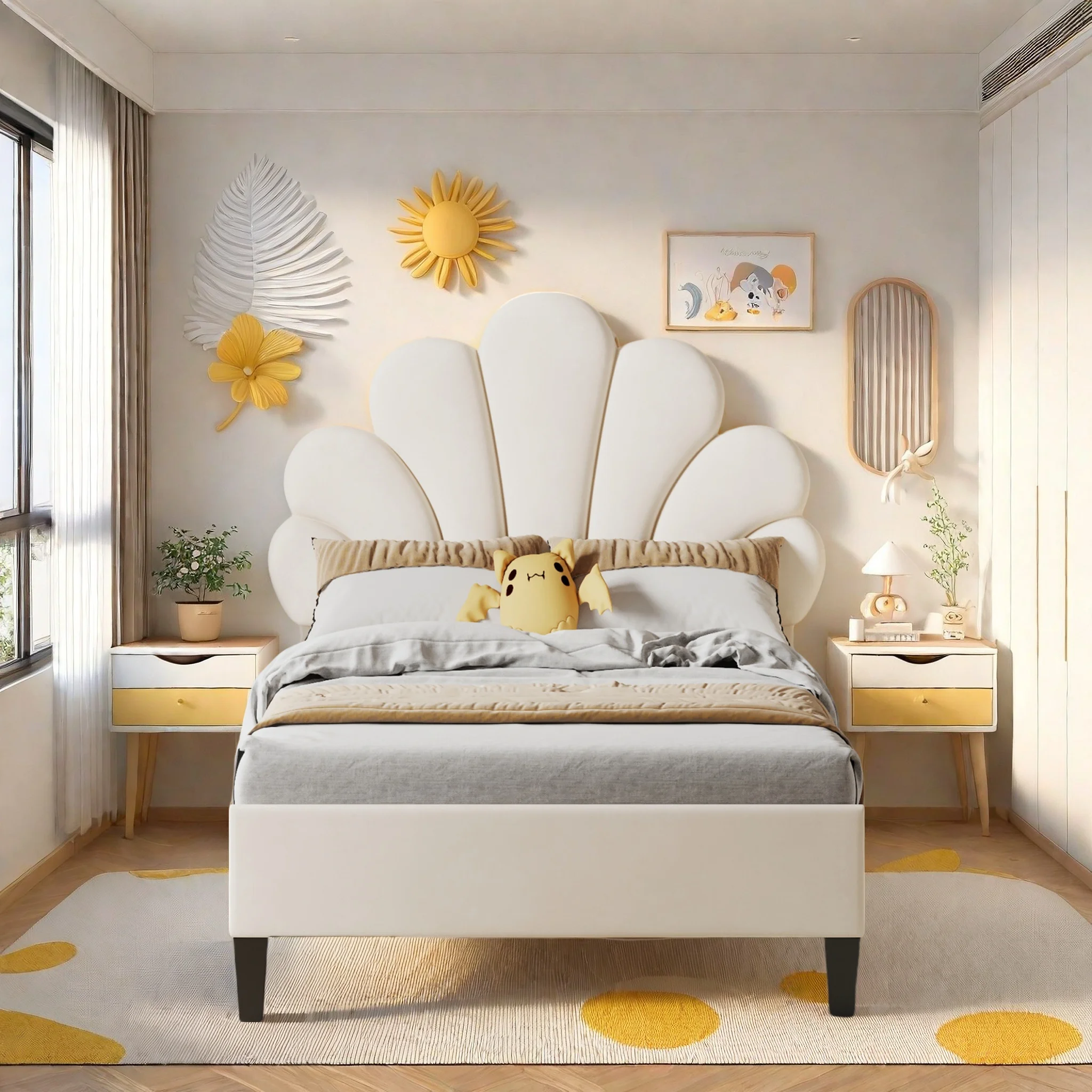 Rosahqnda Lit enfant lit simple 90x200 cm couronne de fleurs lit rembourré tête de lit nuage tissu velours lit fille sans matelas