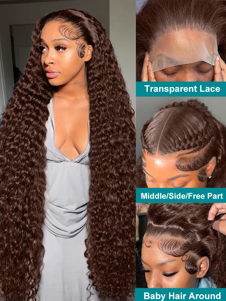 Human Hair Wig Curly Deep Wave Water Wave 30 40 Inch Transparent Lace Frontal HD 13x6 13x4