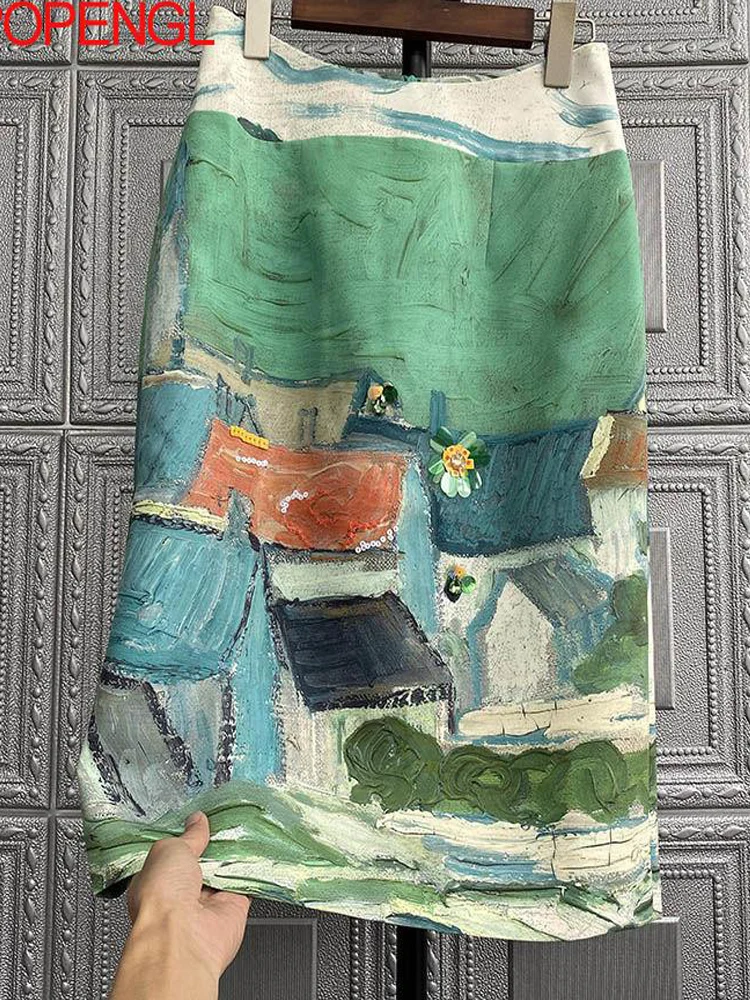 

Women Retro Harajuku Oil Painting Skirt 2021 New Casual Fashion All-match Loose Street Style Patchwork Long Skirt 4xl