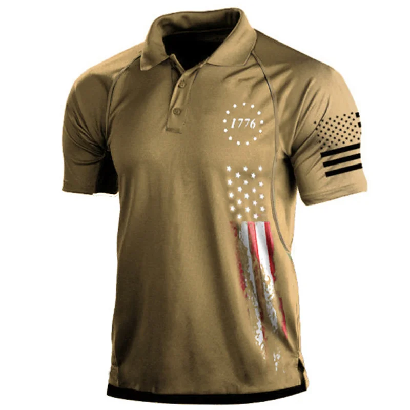 

1776 Independence Day American Flag Print Patriotic Polo Shirt Men's Short Sleeve 100% Cotton Pique Colorblock Polo Shirt