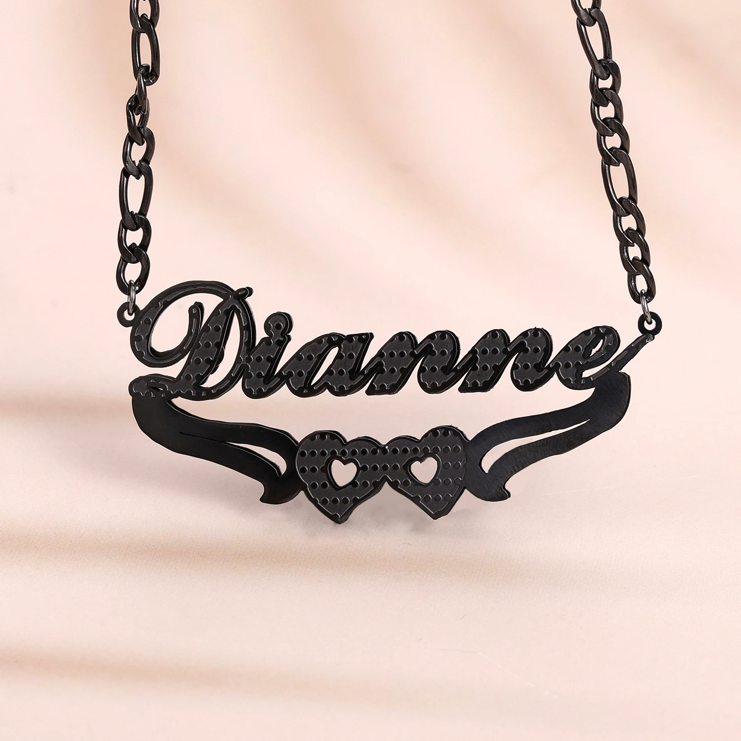 Customized Necklace Double Layer Black Name plate With Two Hearts Personalized 3D 18K Gold Plated Custom Name Necklace For Women