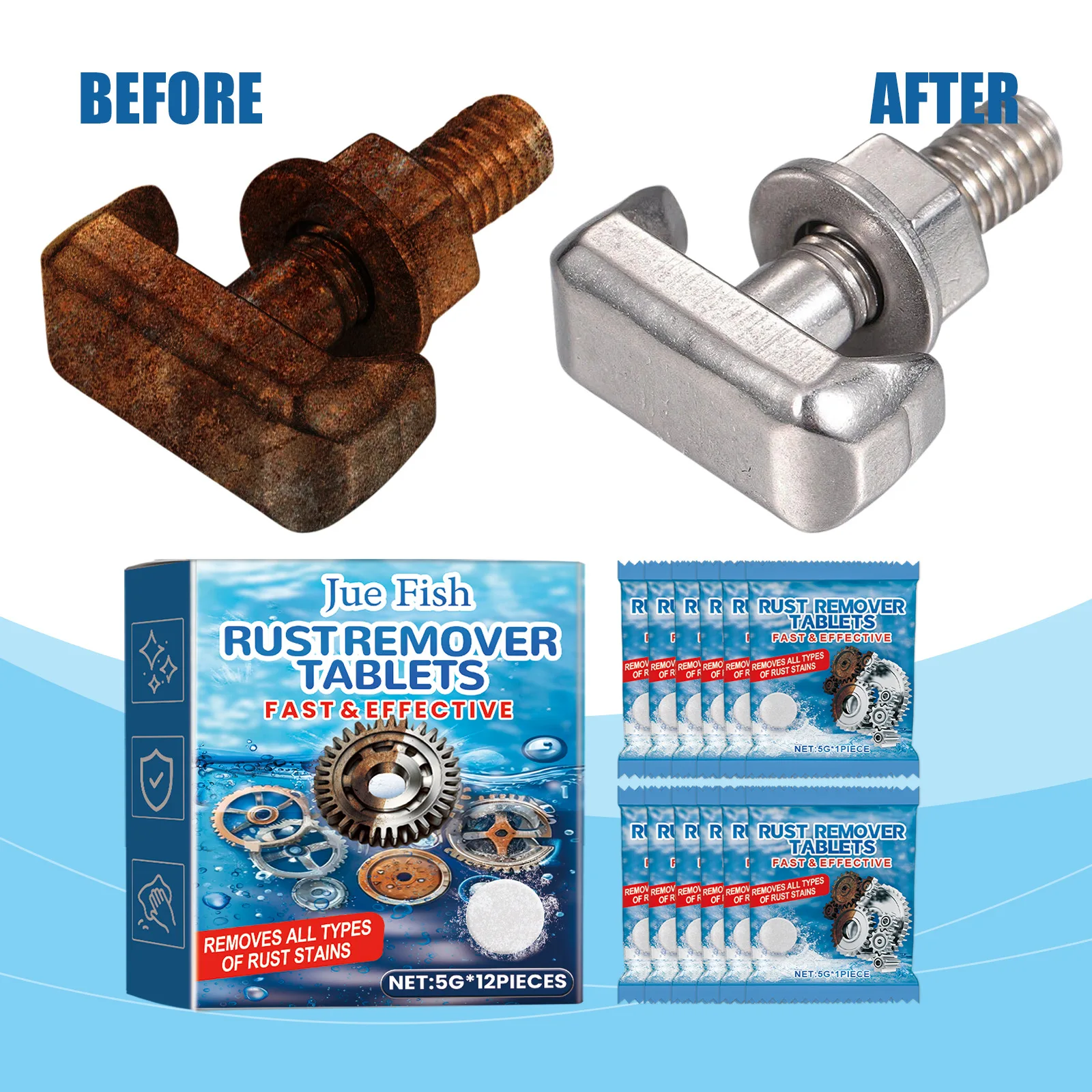 Jue Fish 12pcs Metal Rusts Removal Tablets Car Descaling Anti Rust Surface Polishing Stain Removal Cleanings Derusting Tablets