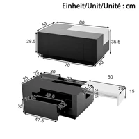 Table basse noir et blanc brillante avec LED, plateau extensible, espace de rangement, MDF, 80x50x35,5 cm, pour salon, petit appartement 8
