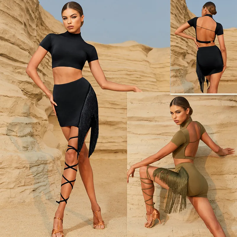 

black green fringe latin dress 2330