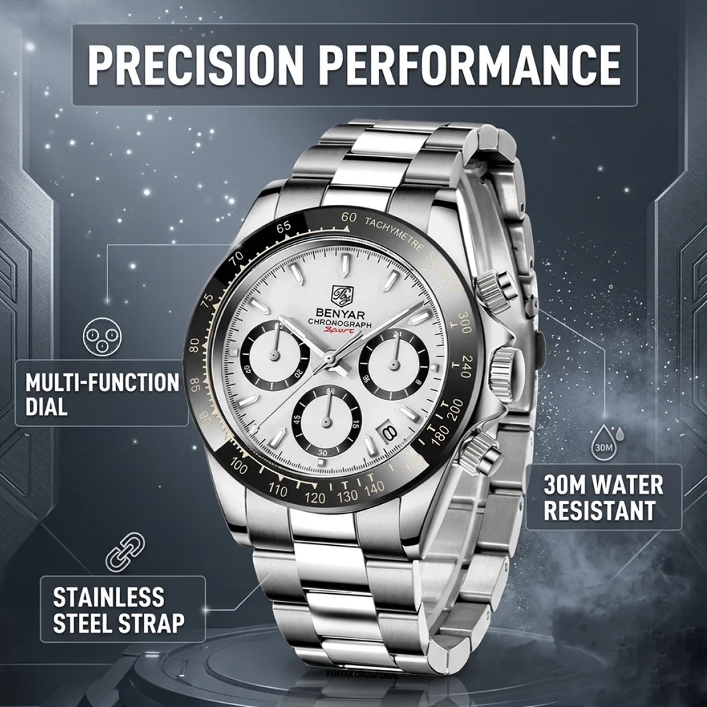 BENYAR Chronograph Sport Stainless Steel Quartz Watch thumbnail 4
