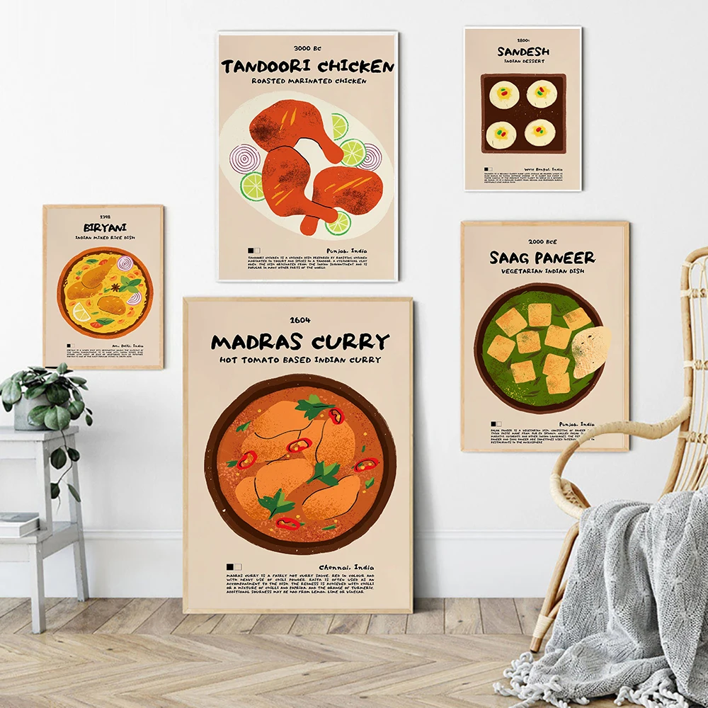 Cuadro de pared de Sandesh Biryani Saag Paneer, pintura en lienzo, carteles nórdicos e impresiones para sala de estar