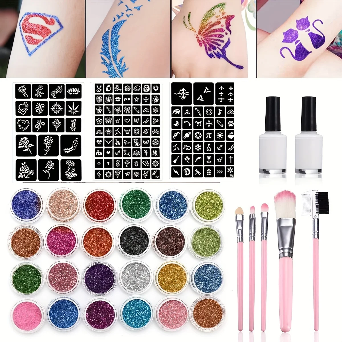 24-color glitter temporary set 2 bottles glue 3 templates Body Makeup Glitter Set Stage Makeup Halloween