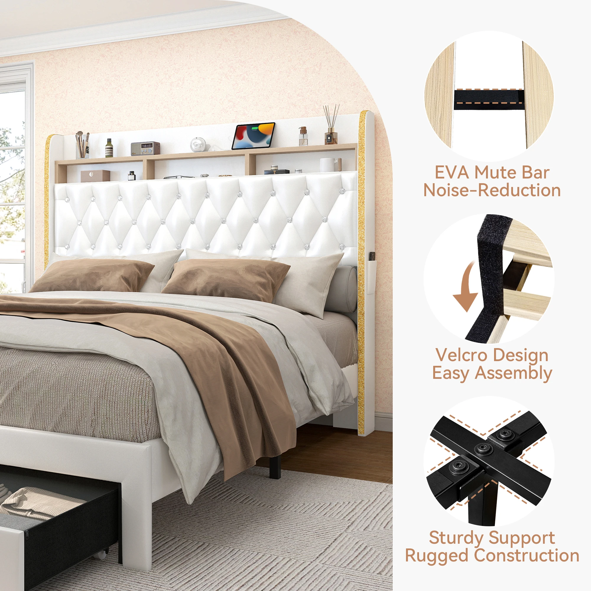 LED Bed Frame with Storage Drawers, Star Projector, Charging Station & Speaker 6