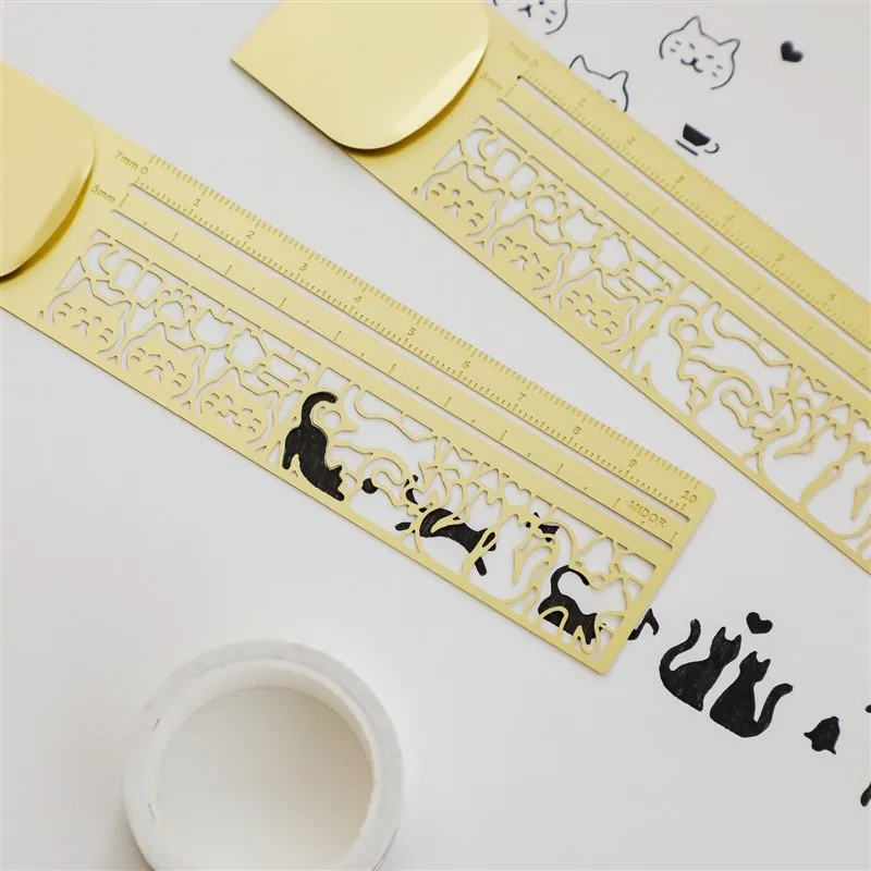 1pc Kawaii 고양이 눈금자 중공 금속 책갈피 눈금자 그림 그리기 일기 손 계산 도구를위한 다기능 눈금자 귀여운 선물