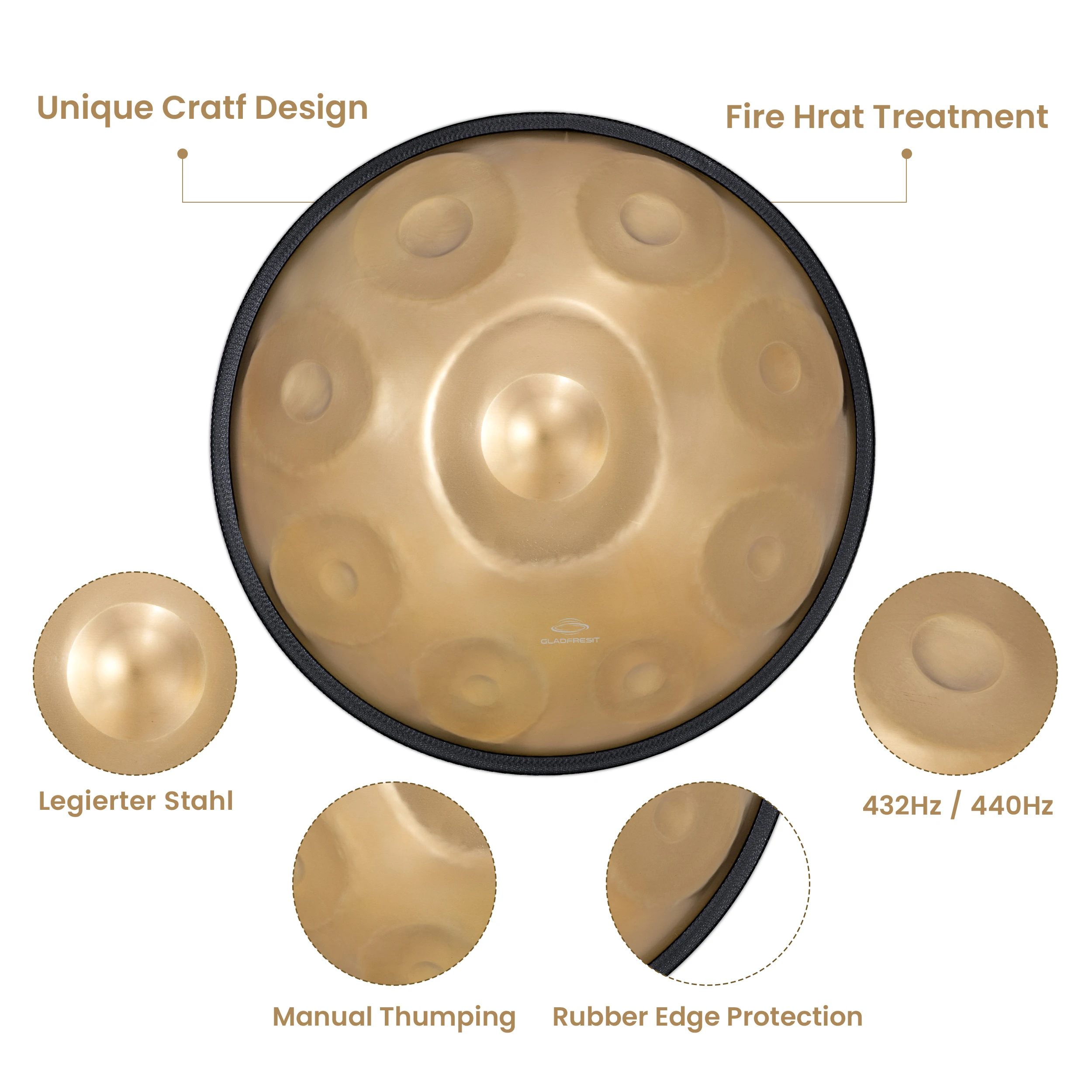 GLADFRESIT Handpan Drum 9 Notes, 18 Inches, In G Minor