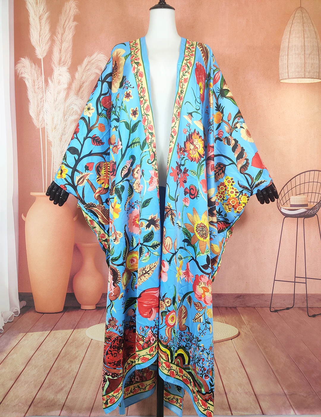 Summer New Fashion Twill Silk Floral Open Front Women's Bikini Cover Up Oversize African Bohemian Muslim Caftan Kimonos