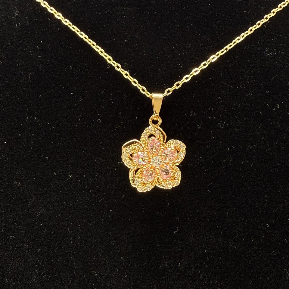 Pink Luxury Swirl Zirconia Flower Pendant Necklace