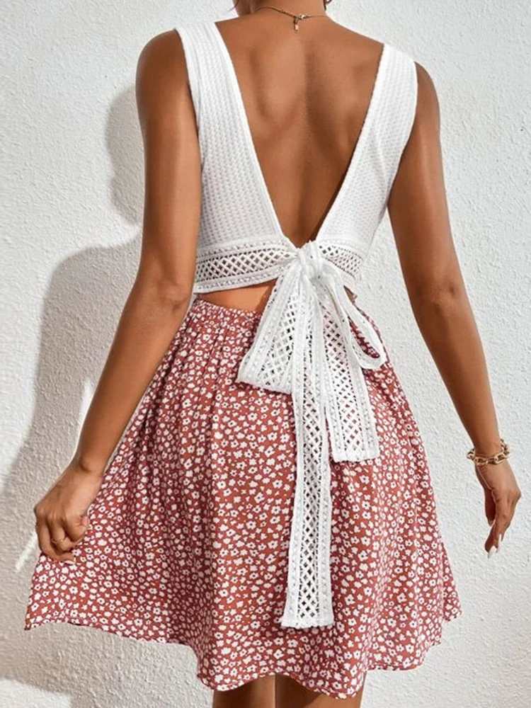 

Women Floral Lace Splicing Backless Mini Dress Sexy Deep V Neck Tie Back Sleeveless Ruffle Elastic Waist Dresses Beach Party