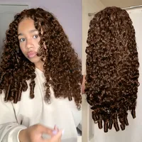 Perruque mi-longue bouclée birmane brun chocolat, cheveux humains vietnamiens sans colle, avec cordon de serrage, clips invisibles, perruque mi-longue 3 en 1 2