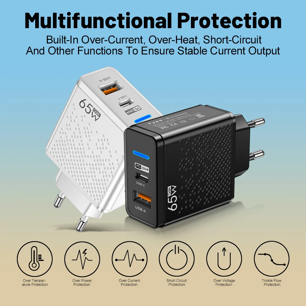 Зарядное устройство GaN USB 65 Вт, быстрая зарядка Pd QC 3,0, адаптер ...