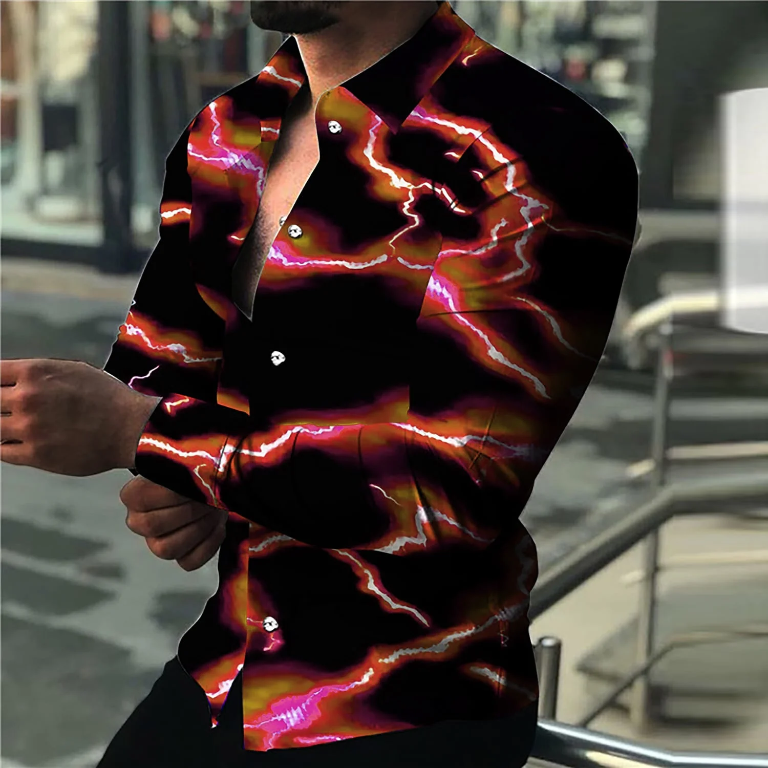 Luxury Fashion Men's Shirts Single Breasted Casual Shirts Night Lightning Long Sleeve Top Men's Hawaiian Prom Plus Size 6XL