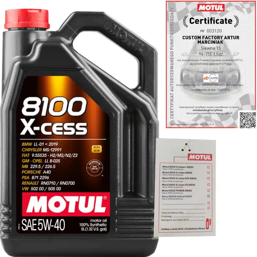 MOTUL 8100 X-CESS 5W40 A3/B4 5L BMW LL-01 VW 502 00/ 505 00 + ZAWIESZKA z Polski za $27.68 / ~110zł MOTUL 8100 X-CESS 5W40 A3/B4 5L BMW LL-01 VW 502 00/ 505 00 + ZAWIESZKA z Polski za $27.68 / ~110zł