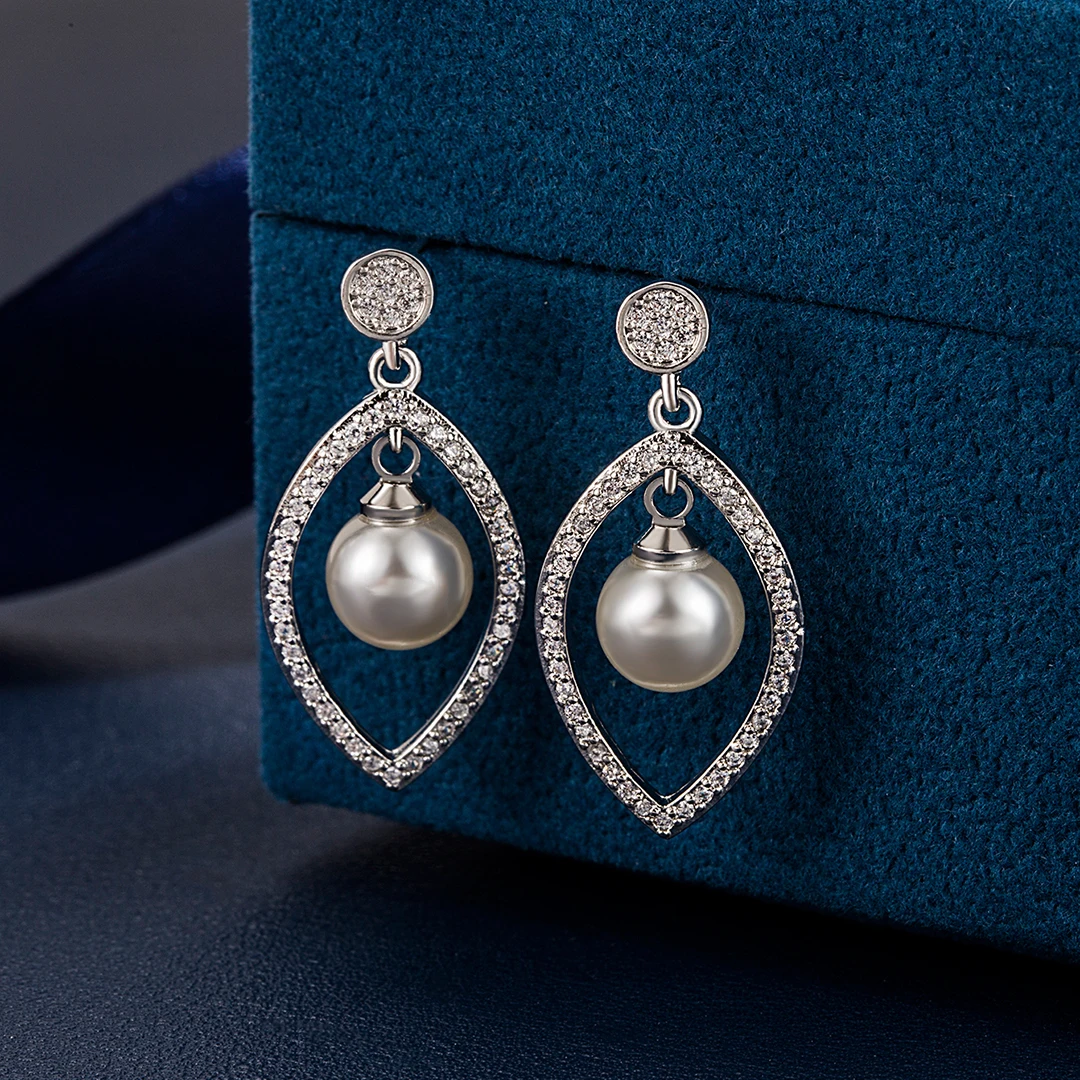 

925 Sterling Silver Cubic Zirconia Stud Earrings For Women Exquisite Pearl Drop Earring Wedding Engagement Fashion Jewelry