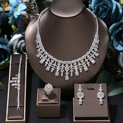 Luxury Dubai White Zirconia Bridal Wedding Jewelry Set Fringe Drop Necklace Earrings Bracelets Rings 4pcs Sets for Women