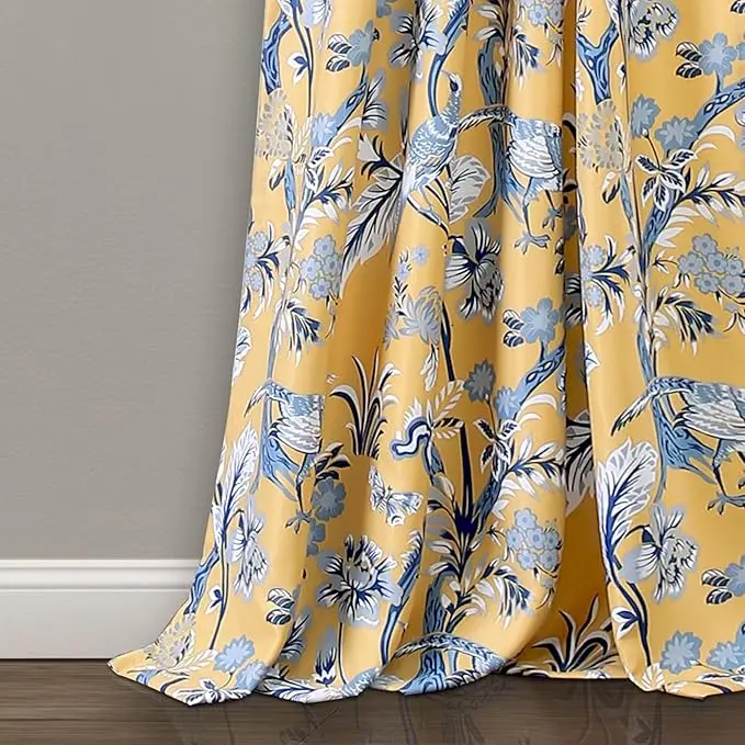 52" W x 84" L Light Filtering Window Panels, Pair, Blue Toile Curtains with Floral Bird Print, Ideal for Grandmillennial, French 5