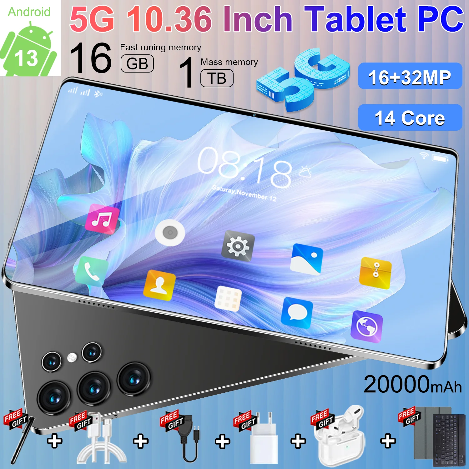 Tablette 14 cœurs 10,36 pouces 16 Go 1 To 2026 Global Nouvelle tablette Android 13 4K HD 5G WIFI Bluetooth WPS 20000mAh 1
