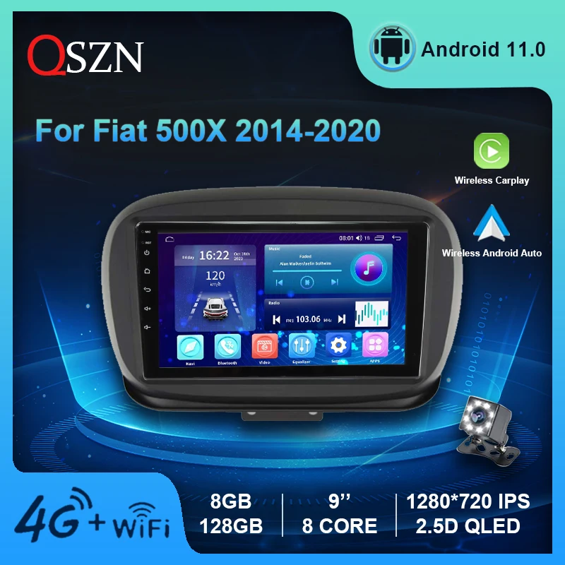 Qszn Android 11 Autoradio Per Fiat 500X 2014-2020 Video Multimedia Player Gps Carplay Auto 8 + 128G Autoradio Dvd Stereo