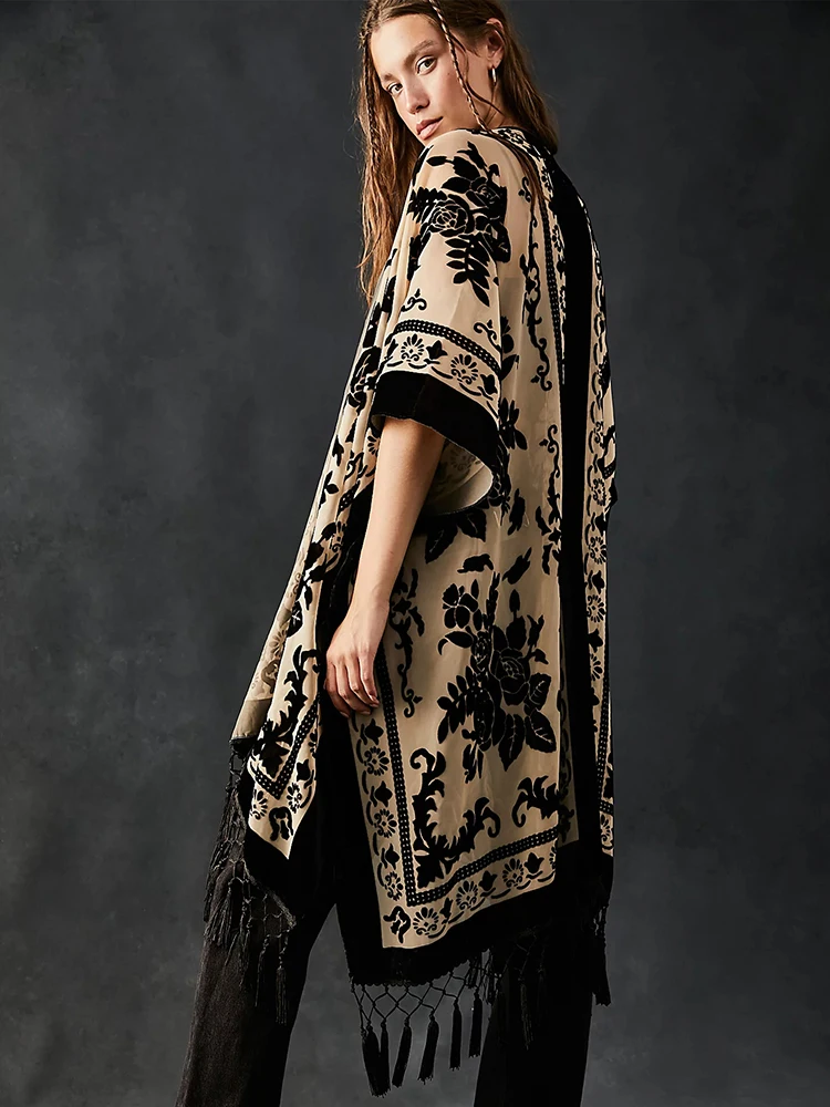 WeHello Women's Burnout Velvet Kimono Bohemian Long Cardigan with Tassel Beach Cover-up Holiday Casual Cardigan Shawl JYPF-1 2