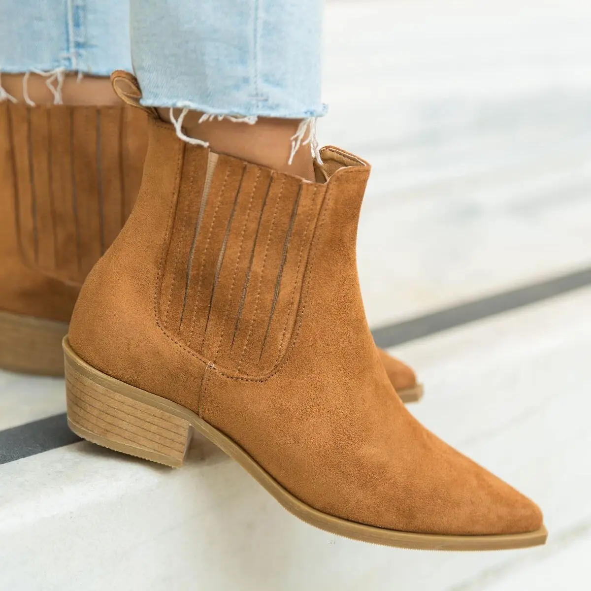 

Santa Inner Outer Genuine Leather Suede Pointed Toe Elastic Band Cowboy Short Boots Poshnmore Style Stitched Low Heel Boots