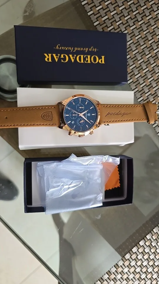 Poedagar relógio de quartzo masculino luxo esportes à prova dwaterproof água cronógrafo luminoso data homem relógio de pulso negócios couro relógios masculinos photo review