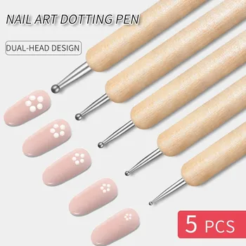 Dual-End Wooden Dotting Pen Marbleizing Tool Set for Nail Design Manicure Painting Kit 5pcs