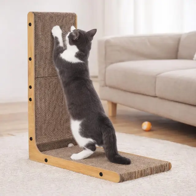 L Shape Cat Scratcher with Ball Toy Durable Corrugated Cardboard Cat Scratch Pad Wooden Frame Indoor Cat Furniture Best Quality
