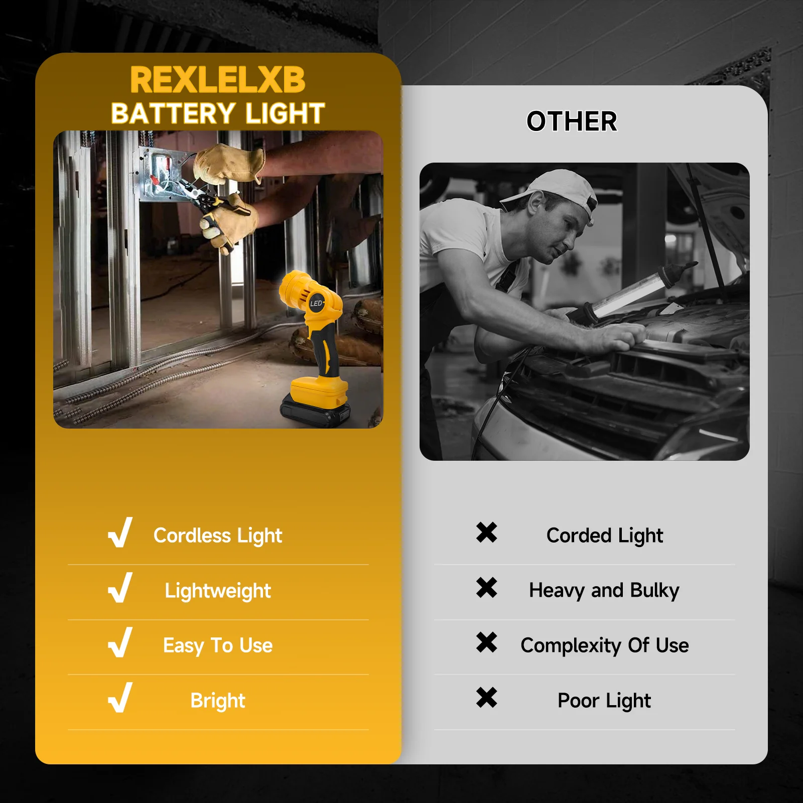 Cordless LED Work Light for Dewalt 20V Battery 10W 500LM 2 Lighting Mode Portabl