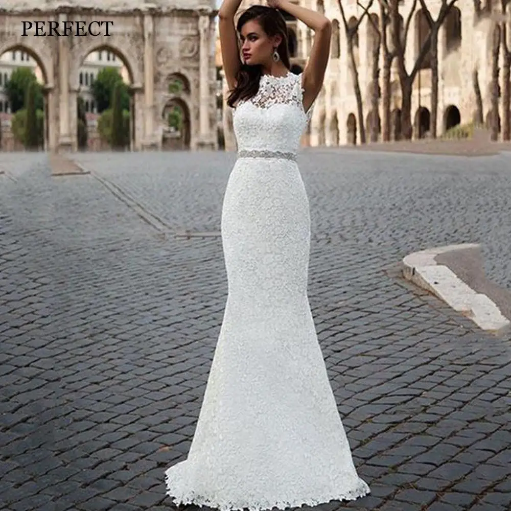 

PERFECT Elegant Lace Mermaid Wedding Dresses O-Neck Sleeveless Backless Bridal Gowns Detachable Organza Tail Vestidos De Novia