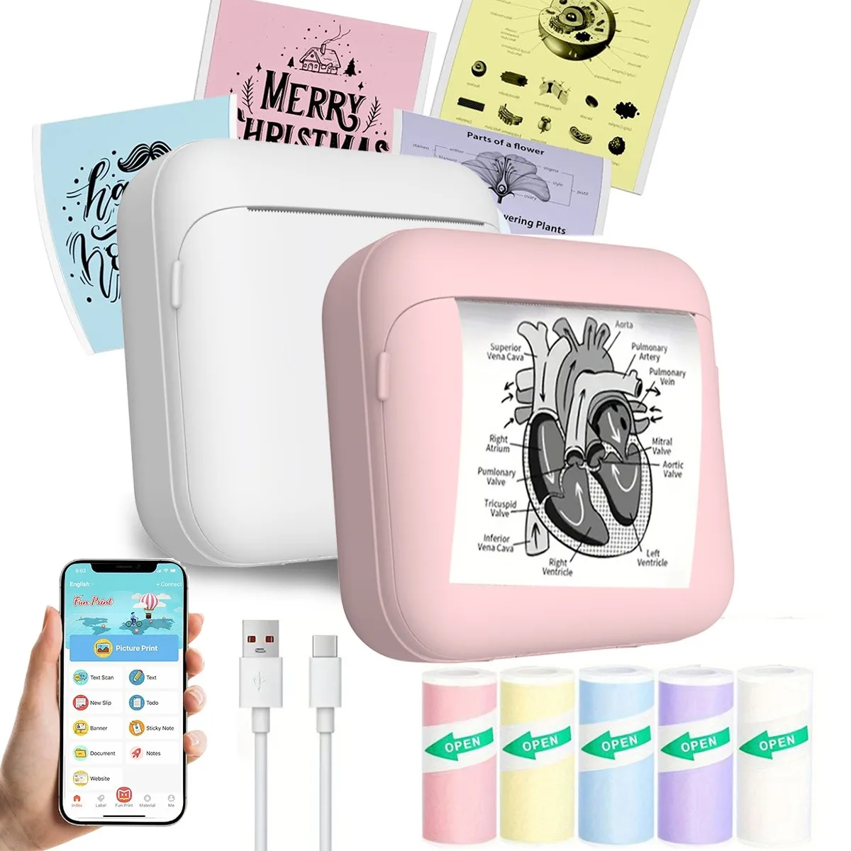 휴대용 미니 열전사 프린터 세트, USB 충전 잉크리스 디자인, 사진/라벨 인쇄 지원, 케이블 포함, 여행 및 가정용