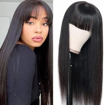 Parrucca indiana grezza 100% capelli umani con frangia 32 34 pollici parrucche piene fatte a macchina con frangia capelli lunghi parrucca nera Remy con frangia