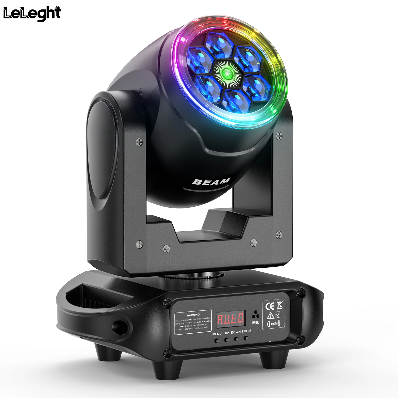 Leleght 90W RGBW Moving Head Light with Bee's Eye 360° Rotation Halo Strip DMX512 Voice Control for Wedding Party and Ball
