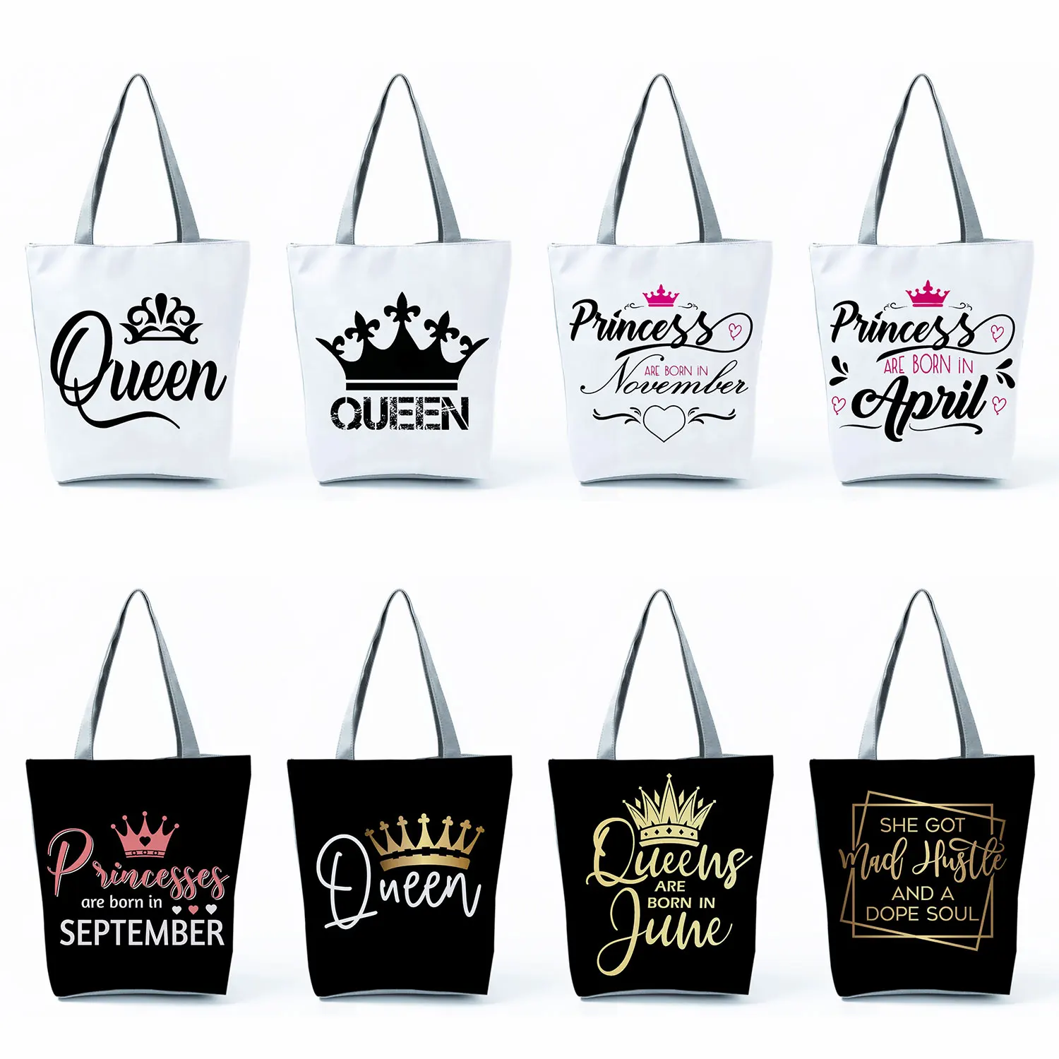 

King And Queen Print Handbags Crown Women Shoulder Bag High Capacity Tote Bag Foldable Eco Reusable Shopping Bag Custom Pattern