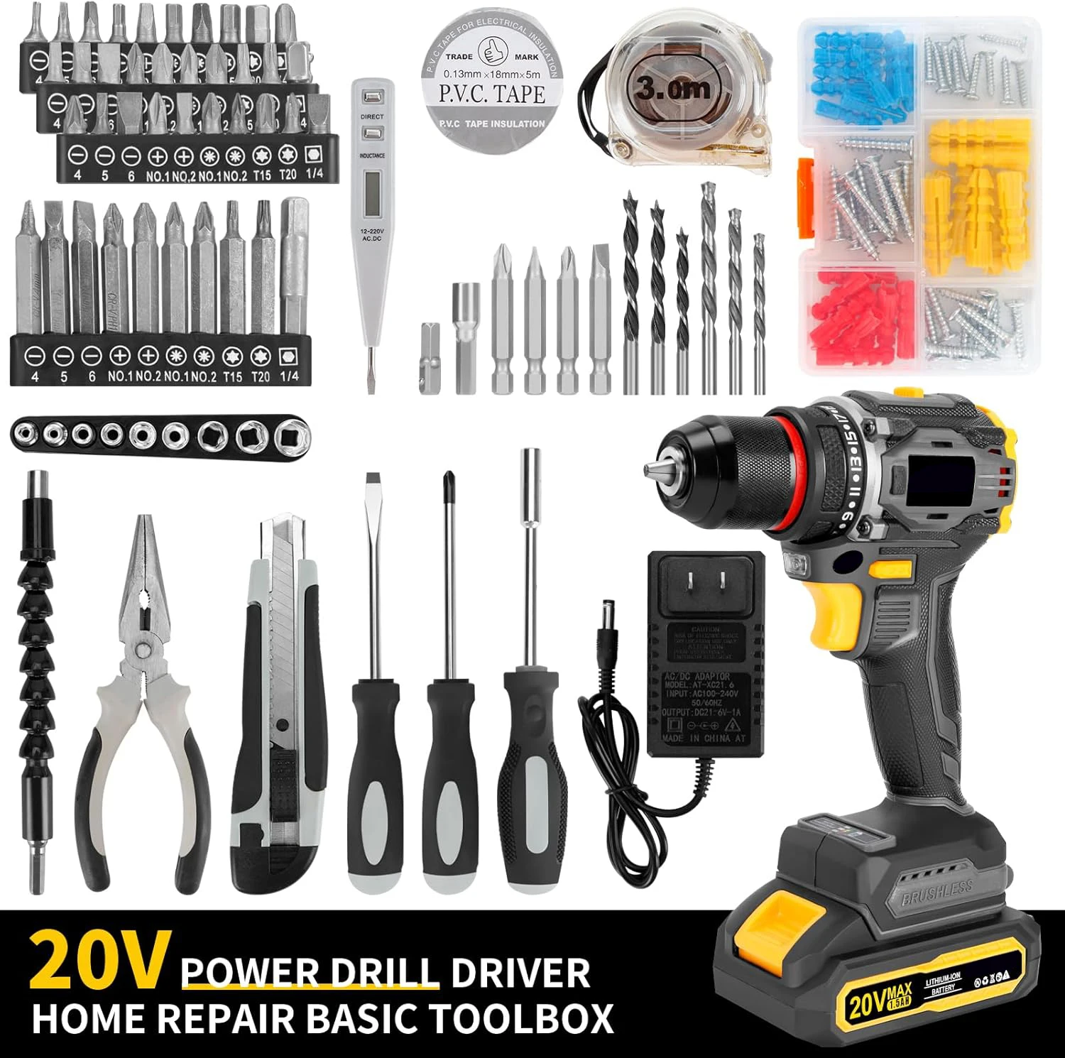 (ND) Set di utensili compatti per trapano senza spazzole, 60N. Set di utensili da 135 pezzi per la casa (con kit fai-da-te), con trapano a batteria da 20V (con 2 batterie) e set di chiavi da 531 pollici (con trapano, adatto per la manutenzione quotidiana della casa)
