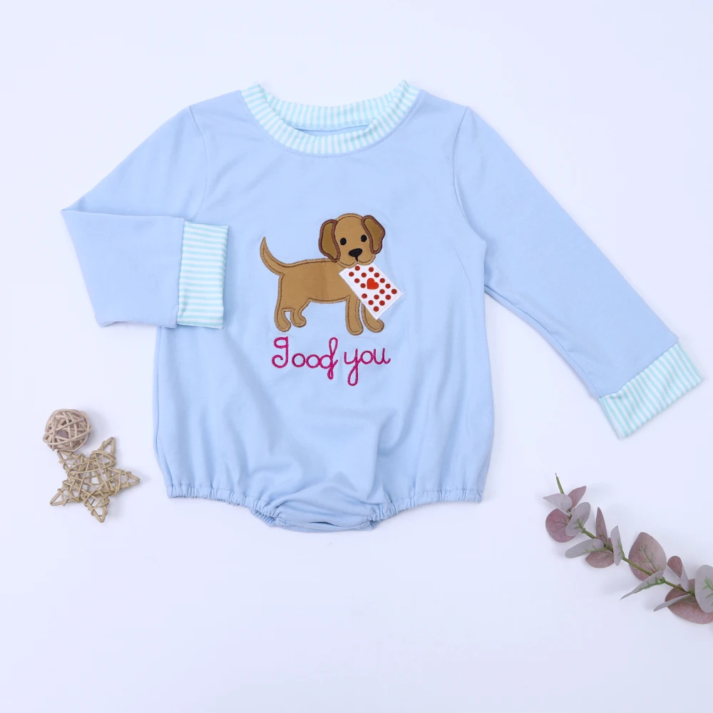 

2022 Factory Direct Blue Dog Embroidery Blue and White Striped Collar long-Sleeved Newborn Hidden Button Onesie For 0-3T Kids