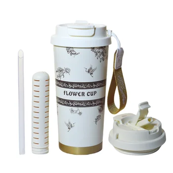 1pc Coffee Point Thermos Cup with Straw Stainless Steel Vacuum Insulated Cup 500ml Iced Cooler Cup for Outdoor Travel
