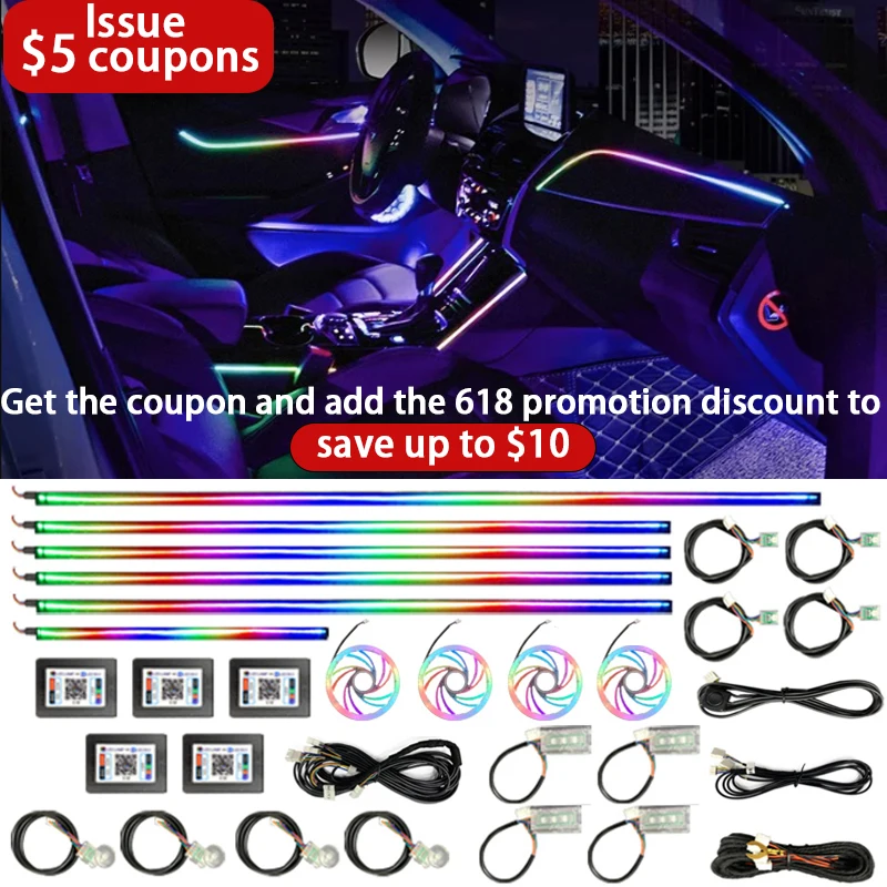자동차 주변 아크릴 램프 스트립, 다채로운 64 RGB LED, 자동차 인테리어 액세서리, 앱 리모컨 분위기 조명, 22in 1