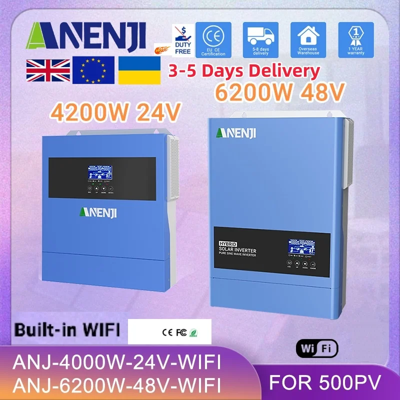 ANENJI 6.2KW 4.2KW อินเวอร์เตอร์พลังงานแสงอาทิตย์ HYBRID 48V 24V PURE Sine WAVE OnGrid OffGrid MPPT 120A 100A PV 500VDC คอนโทรลเลอร์ชาร์จพลังงานแสงอาทิตย์ 1
