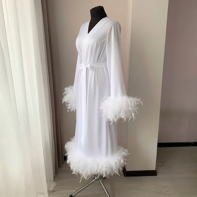 Floor Length Maxi Dressing Gown Robes Long Bridal Robe with Feathers Boudoir Bridesmaid Gifts Satin Feather Trim Bride Kimono