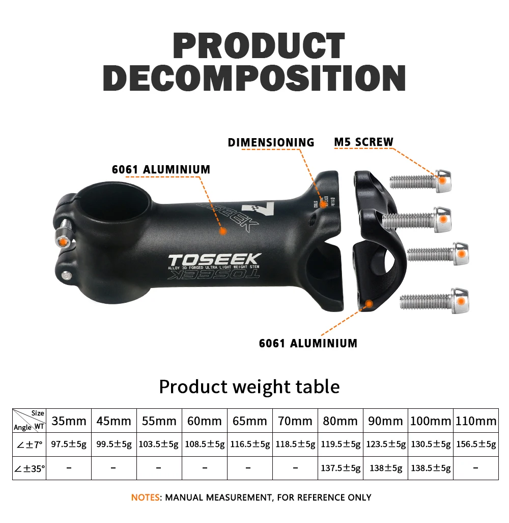 Description Picture 4 of itemTOSEEK ST002 MTB Stem 7 Degree Bike Handlebar Stem Ultralight Road Mountain Bicycle Power Durable Bike Table 35/45/55/60/70/80mm