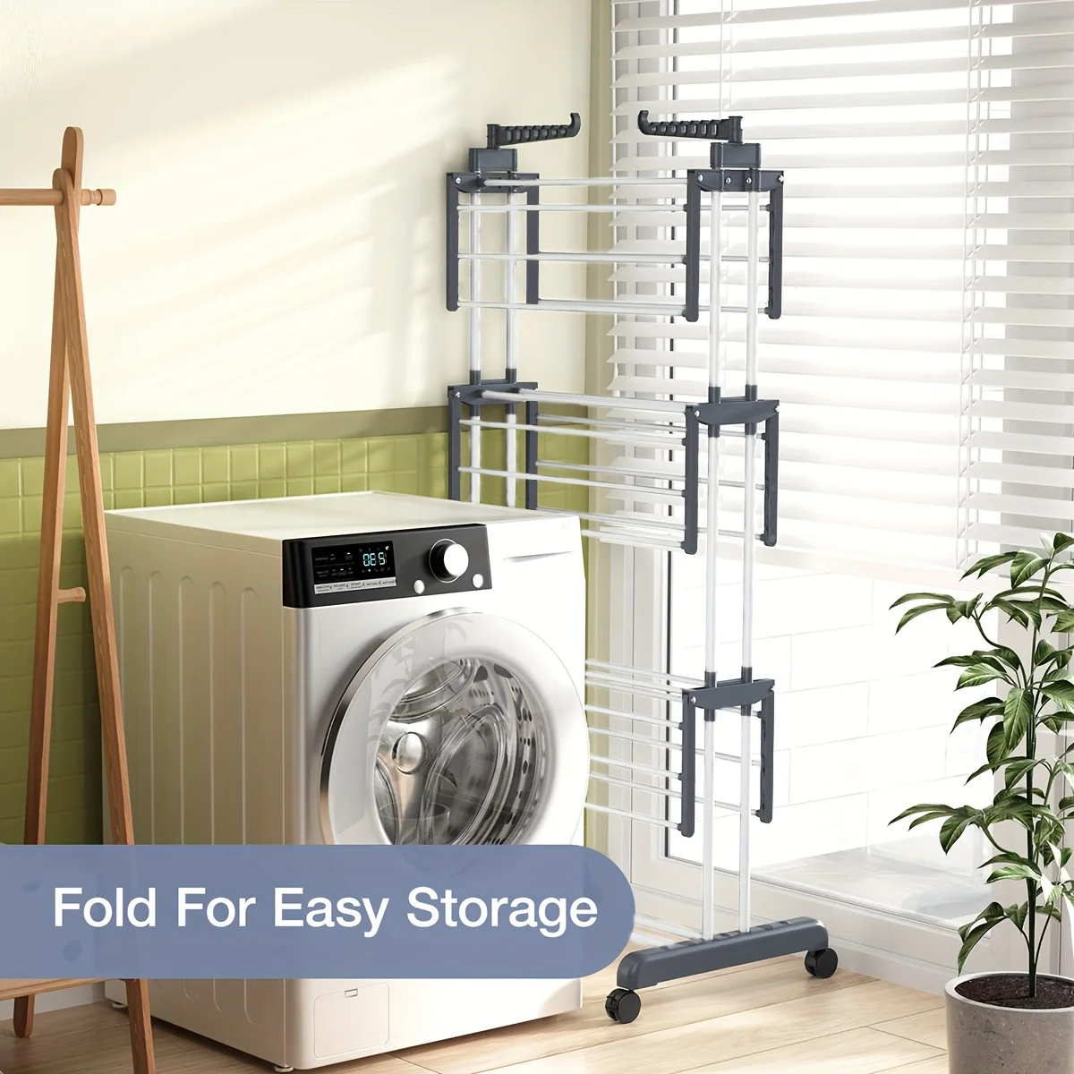 Clothes Drying Rack,4-Tier Foldable Stainless Steel Drying Rack Clothing, Movable Drying Rack 4 castors,for Bed Linen,Clothing 5
