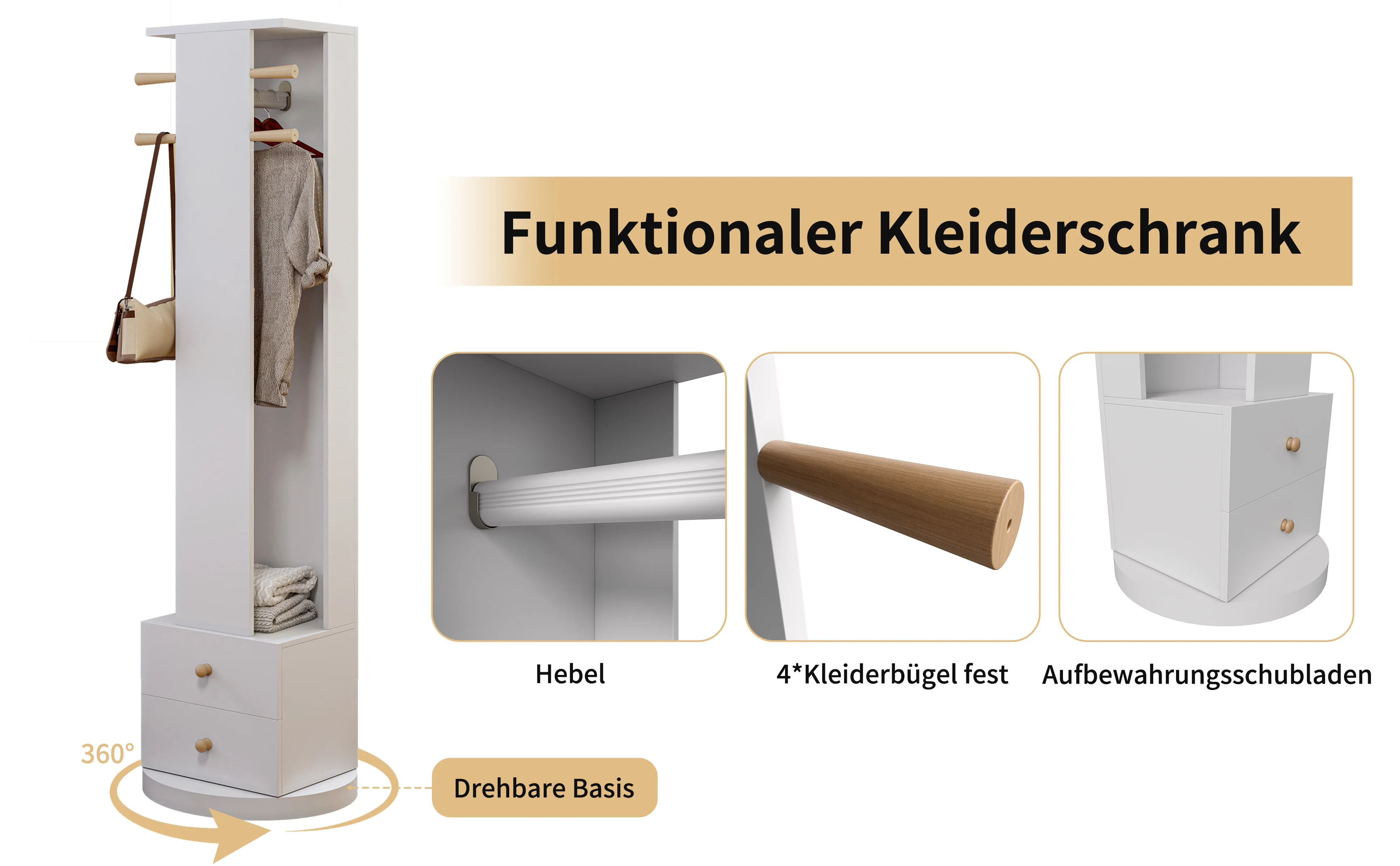 Freistehender Spiegel mit 360°-Schwenkfunktion und Kleiderhaken, 3-in-1-Spiegel mit integriertem Kleiderschrank, für Wohn- und Schlafzimmer. – Detail 3