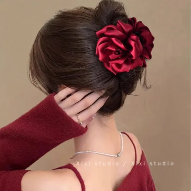 French Luxury Red Rose Shark Clip 3D Flower Hair Claw with Anti-Slip Design Hair Claw for Thick/Thin Hair 2